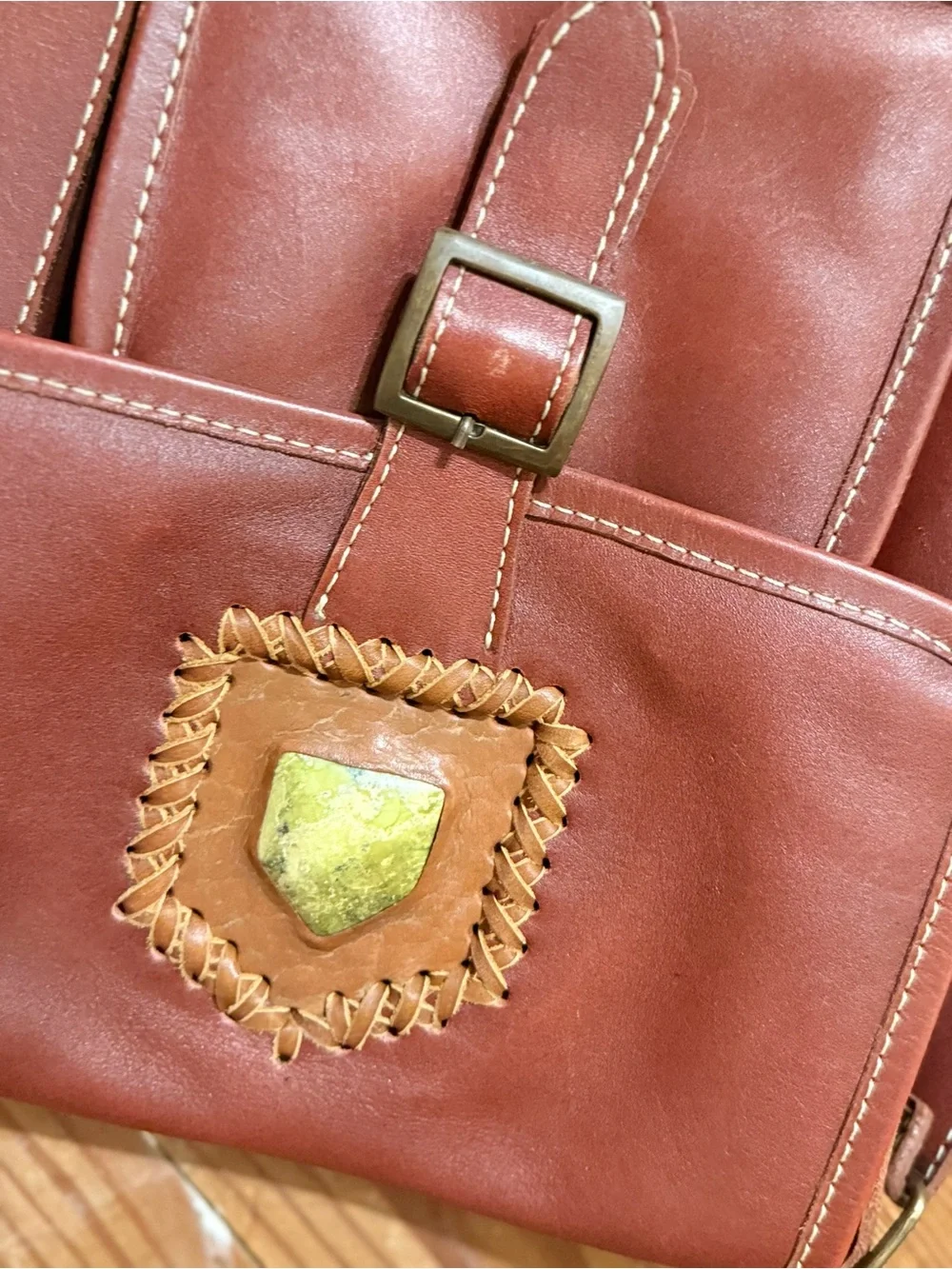 Brown Leather Crossbody Bag - Gemstone inlay Shoulder Bag
